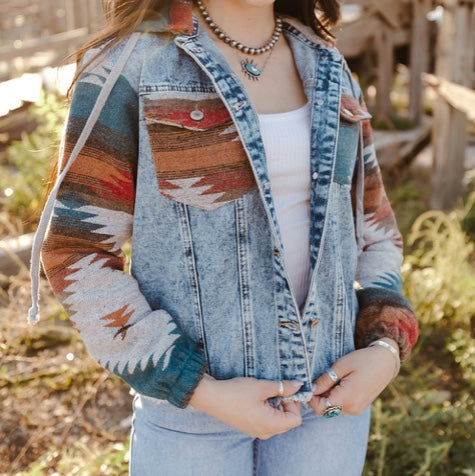 Jessamy Multicolor Aztec Print Frayed Hem Denim Jacket