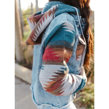 Jessamy Multicolor Aztec Print Frayed Hem Denim Jacket