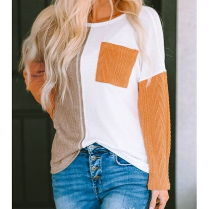 Hallie Orange Long Sleeve Colorblock Chest Pocket Textured Knit Top * S-3X