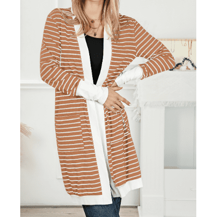 Madisyn Brown Striped Side Pockets Open Front Cardigan