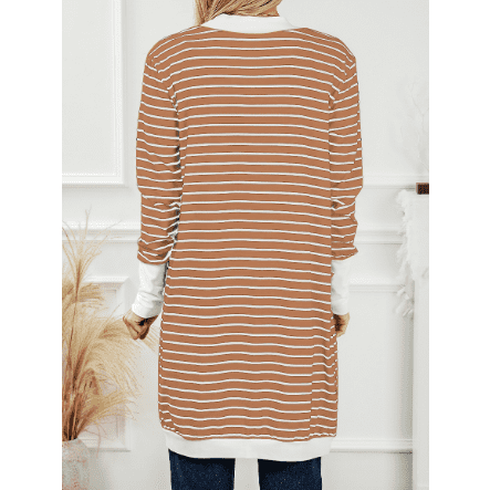 Madisyn Brown Striped Side Pockets Open Front Cardigan