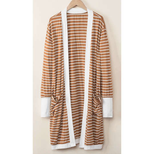 Madisyn Brown Striped Side Pockets Open Front Cardigan