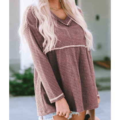 Malisha Waffle Knit V Neck Long Sleeve Babydoll Top