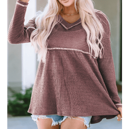 Malisha Waffle Knit V Neck Long Sleeve Babydoll Top