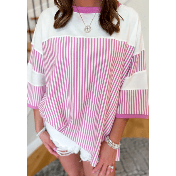 Sachi Striped Patchwork 3/4 Sleeve Oversize Top