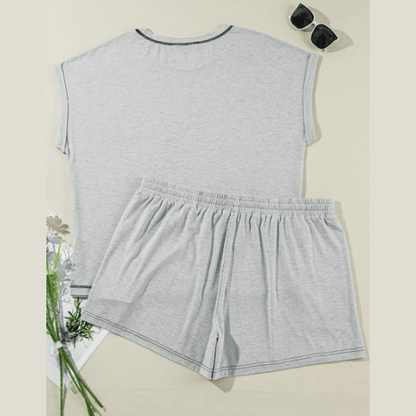 Barb Grey Contrast Stitched Cuffed Sleeve PLUS SIZE Shorts Set