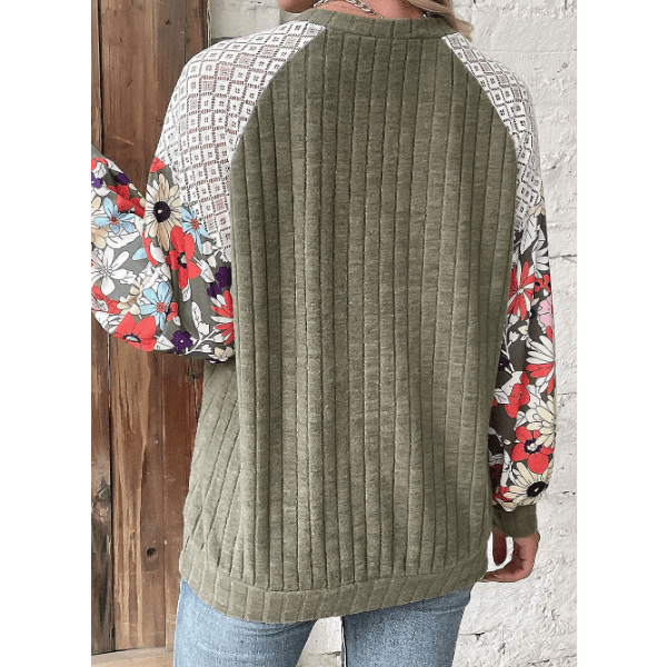 Jessenia Laurel Green Floral Patchwork Long Sleeve Ribbed Blouse * S-3X