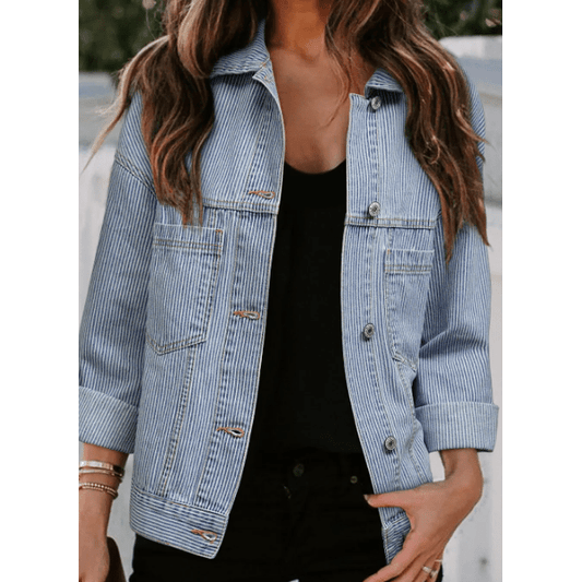 Dionne Sky Blue Stripe Washed Oversize Pocketed Denim Jacket