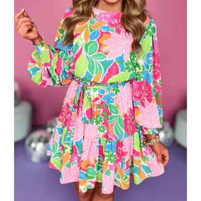 Lori Multicolor Botanical Bubble Sleeve Mini Dress