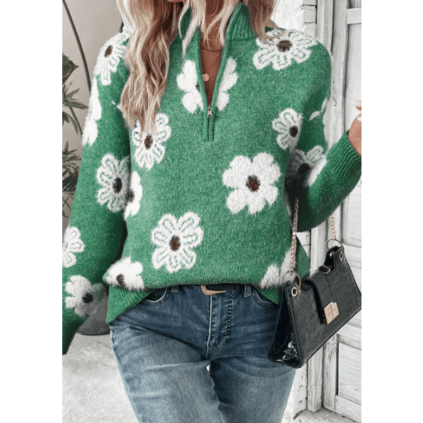 Karlene Green Floral Pattern Half Zip Drop Shoulder Sweater