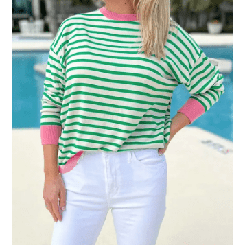 Diondra Bright Green Striped Contrast Edge Long Sleeve Top