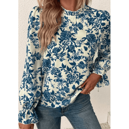 Idene Sky Blue Floral Print Flounce Sleeve Keyhole Back Blouse