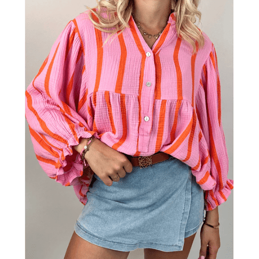 Reggi Orange Stripe Crinckled Ruffled Sleeve Button up Loose Shirt