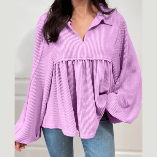 Shanice Lilac Corded Turn-down V Neck Bubble Sleeve Babydoll Blouse