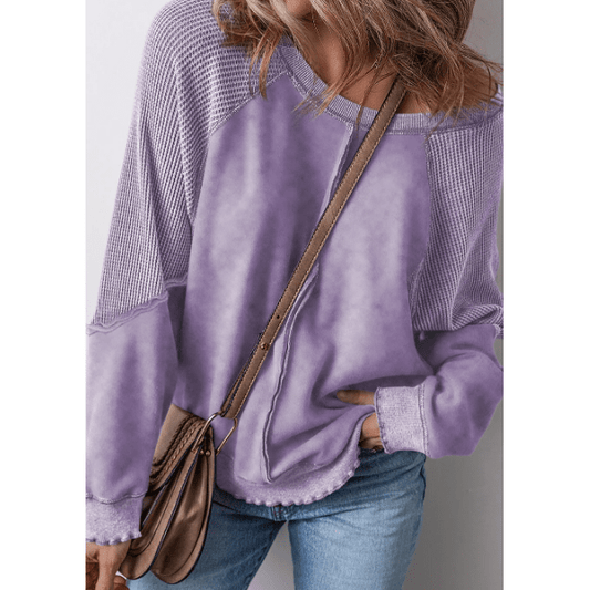 Glenna Orchid Petal Solid Waffle Knit Patchwork Raglan Sleeve Sweatshirt