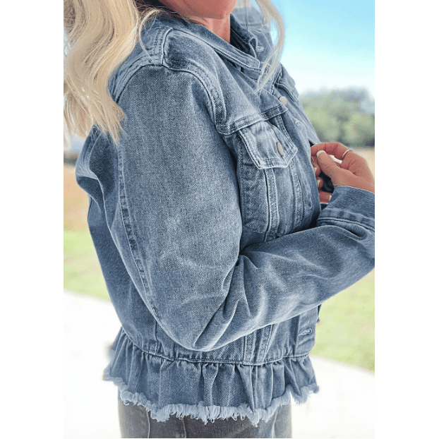 Kaynette Beau Blue Ruffle Raw Hem Flap Pockets Denim Jacket