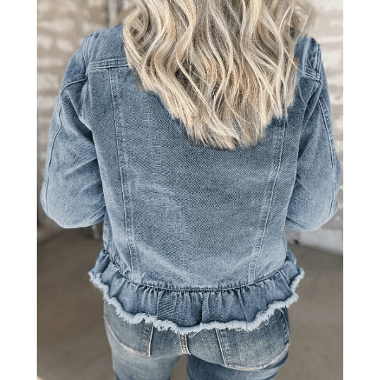 Kaynette Beau Blue Ruffle Raw Hem Flap Pockets Denim Jacket