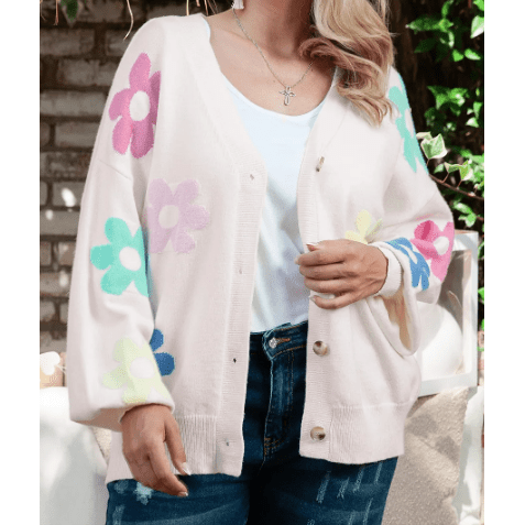 Carlynn Beige Floral Pattern V Neck Buttoned PLUS SIZE Cardigan