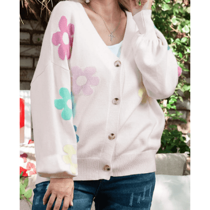 Carlynn Beige Floral Pattern V Neck Buttoned PLUS SIZE Cardigan