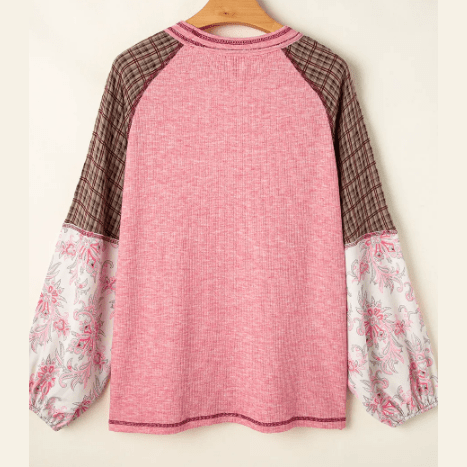 Harlow Pink Mixed Print Patchwork Raglan Ribbed Knit Top