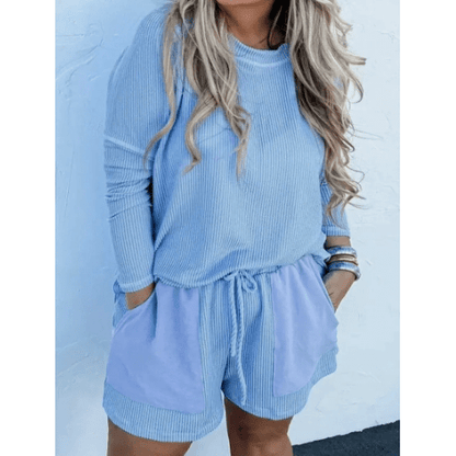 Cleobella Light Blue PLUS SIZE Ribbed Long Sleeve Top and Drawstring Shorts Set