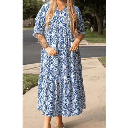 Kacey Sky Blue Geometric Print Lace-up Notch Neck PLUS SIZE Maxi Dress