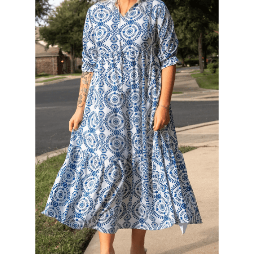 Kacey Sky Blue Geometric Print Lace-up Notch Neck PLUS SIZE Maxi Dress