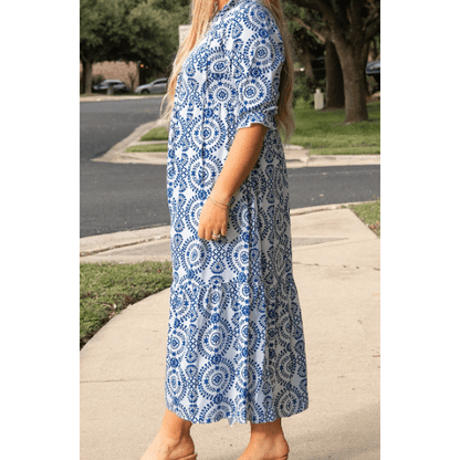 Kacey Sky Blue Geometric Print Lace-up Notch Neck PLUS SIZE Maxi Dress