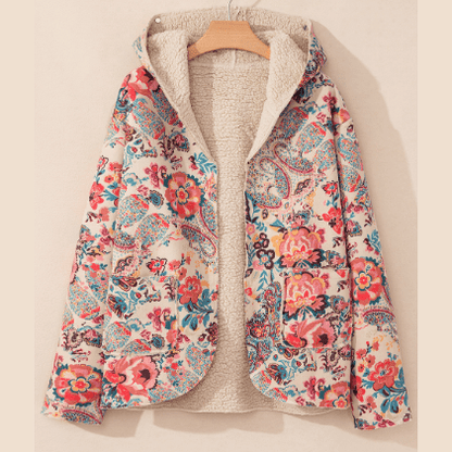 Shirl Vintage Paisley Floral Printed Sherpa Lined Hooded Jacket - S to 3X