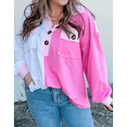 Millicent Color Block Chest Pockets Half Button Plus Size Sweatshirt