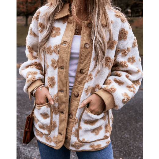 Mildred Light French Beige Cute Flower Pattern Button Up Fleece Jacket