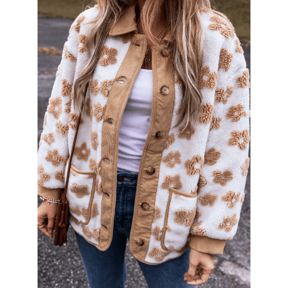 Mildred Light French Beige Cute Flower Pattern Button Up Fleece Jacket