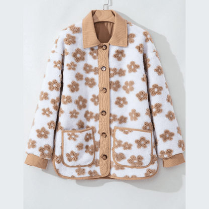 Mildred Light French Beige Cute Flower Pattern Button Up Fleece Jacket