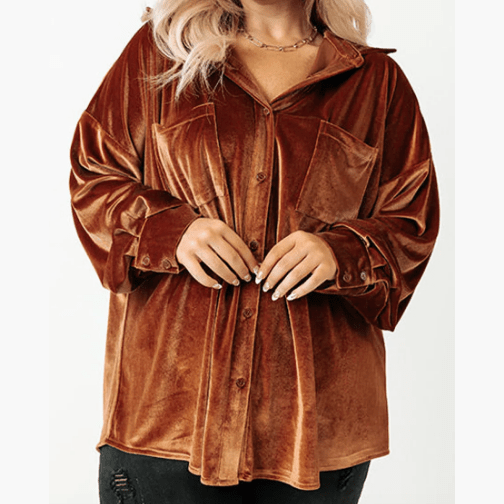 Kadie Chestnut PLUS SIZE Velvet Chest Pocket Drop Shoulder Shirt