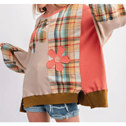 Adrianna Multicolour Waffle Knit Plaid Patchwork Side Slits Loose Sweatshirt