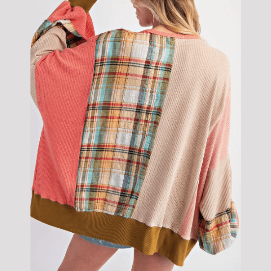 Adrianna Multicolour Waffle Knit Plaid Patchwork Side Slits Loose Sweatshirt