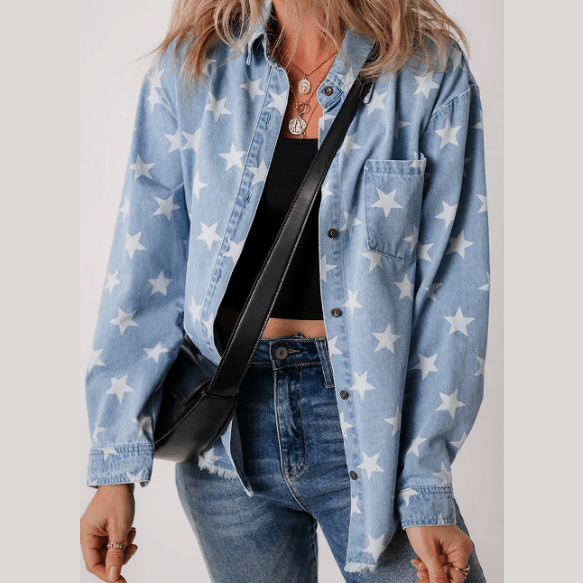 Sky Blue Star Print Light Wash Raw Hem Denim Jacket