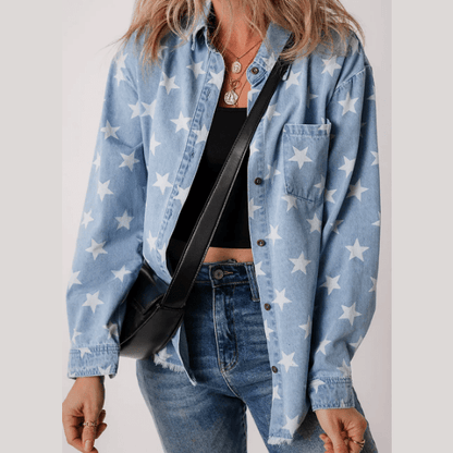 Sky Blue Star Print Light Wash Raw Hem Denim Jacket