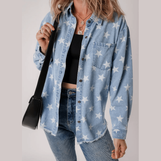 Sky Blue Star Print Light Wash Raw Hem Denim Jacket