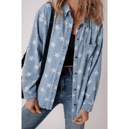 Sky Blue Star Print Light Wash Raw Hem Denim Jacket