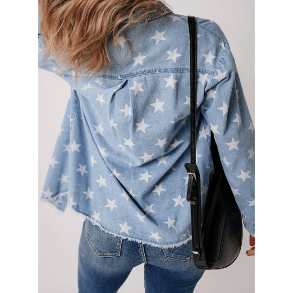 Sky Blue Star Print Light Wash Raw Hem Denim Jacket