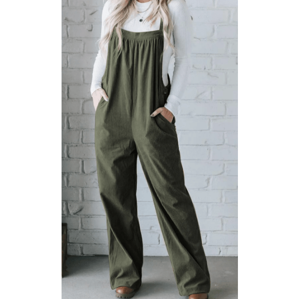 Desiree Jungle Green Solid Pocketed Loose Fit Corduroy Overall