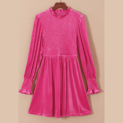 Netta Pink Frilled Neck Smocked Bodice Velvet Dress