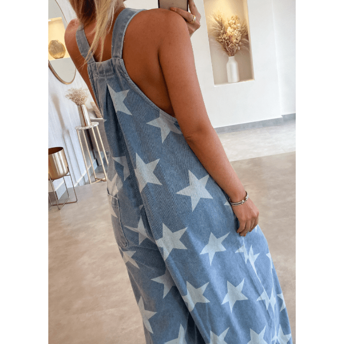 Janaya Star Print Buttoned Strap Pleat Wide Leg Denim Overall