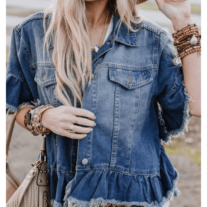 Ellerie Peacock Blue Raw Edge Ruffled Short Sleeve Denim Jacket