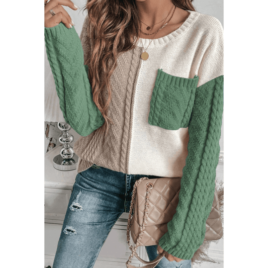 Chelle Vineyard Green Colorblock Patched Pocket Drop Shoulder Sweater