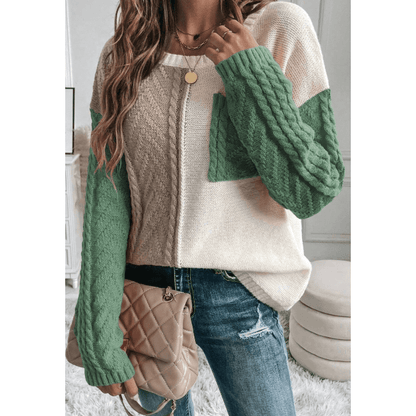 Chelle Vineyard Green Colorblock Patched Pocket Drop Shoulder Sweater