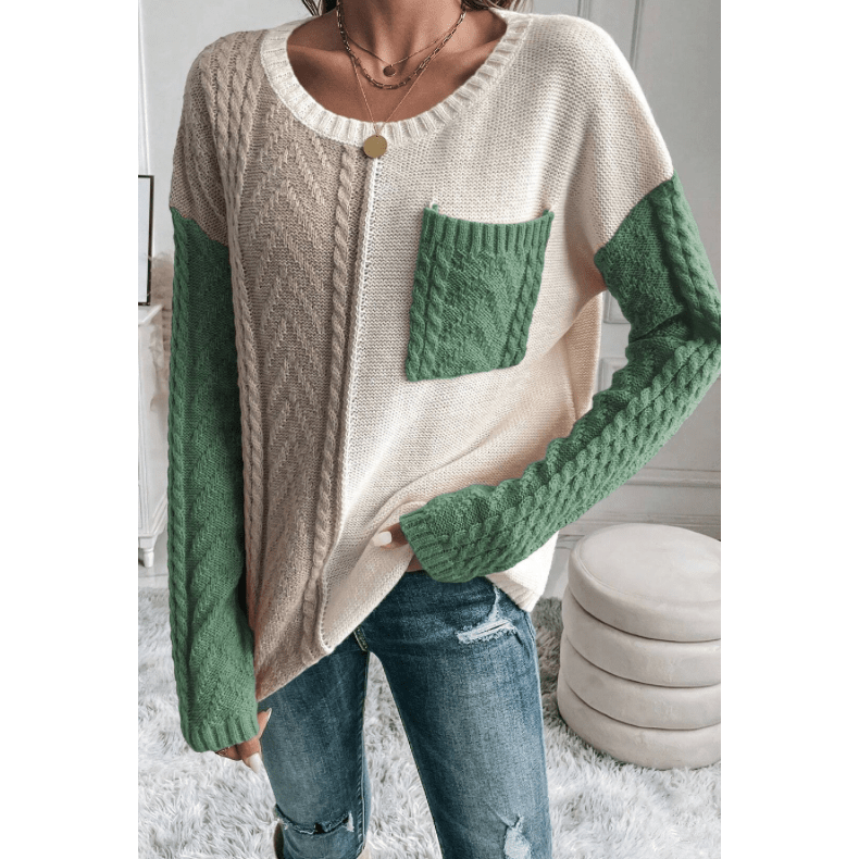 Chelle Vineyard Green Colorblock Patched Pocket Drop Shoulder Sweater