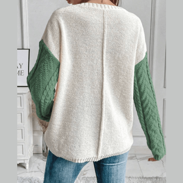 Chelle Vineyard Green Colorblock Patched Pocket Drop Shoulder Sweater