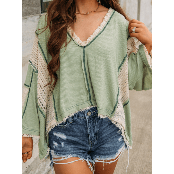 Mandee Grass Green Crochet Detail Exposed Seam High Low Loose Top